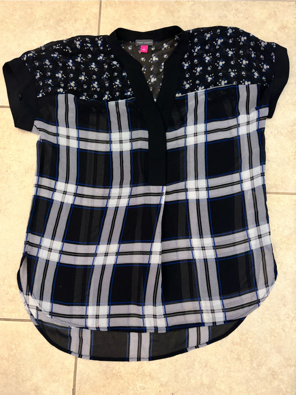 Vince Camuto Black, White & Blue Plaid Sheer Button-Front Top
